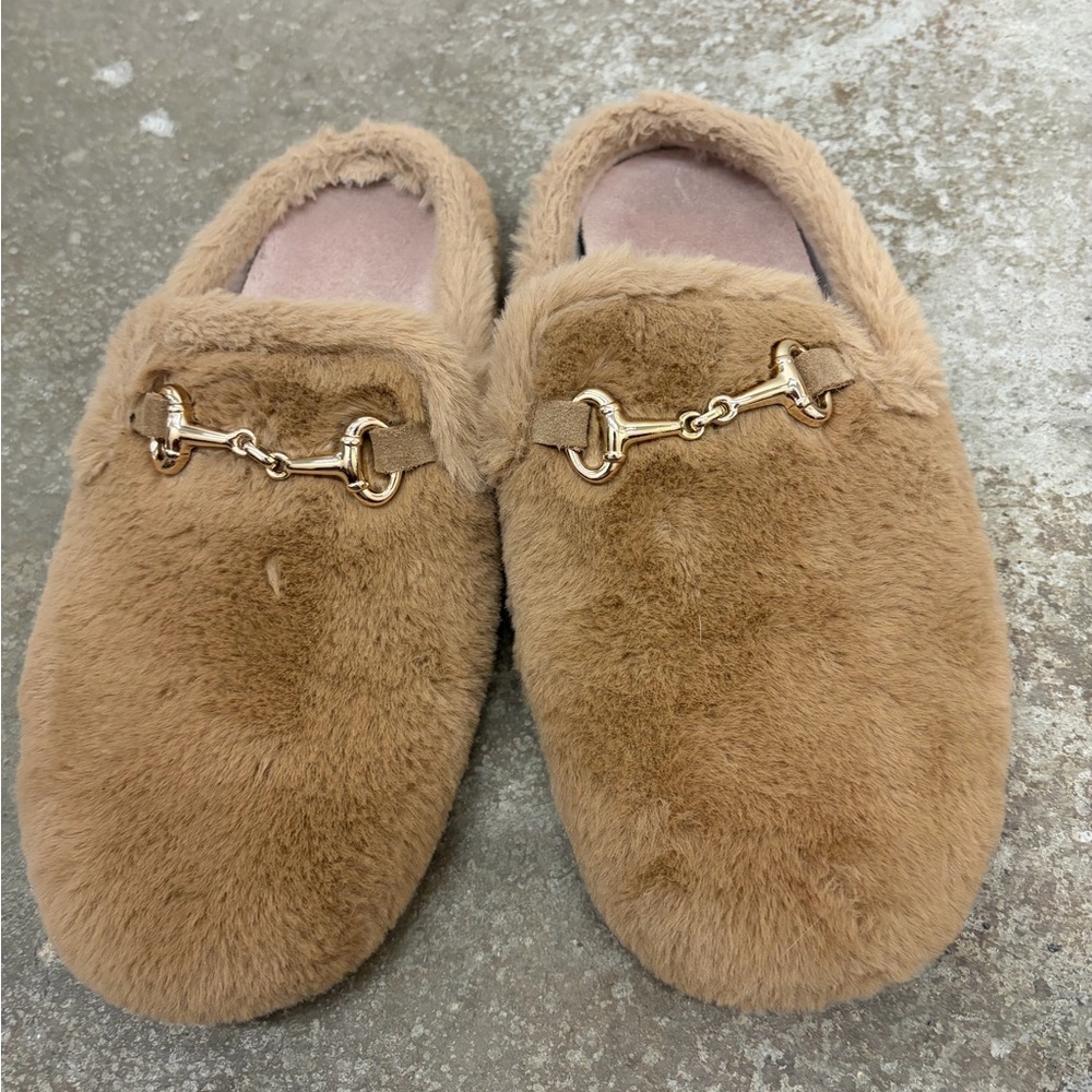 Made in Spain Faux Fur Slippers with‎ Gold horsebit accent
